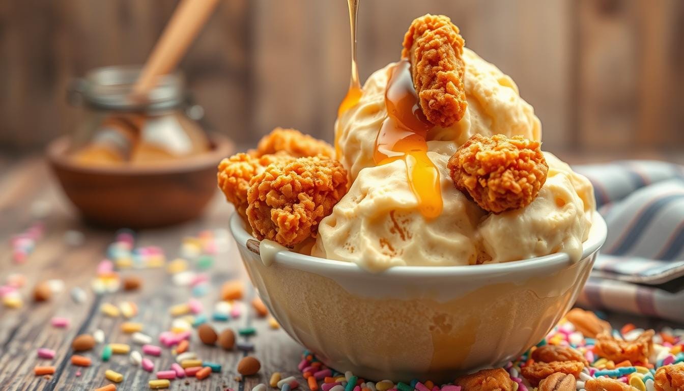 A scoop of fried chicken ice cream served in a cone with crispy, golden-brown fried chicken pieces on top.