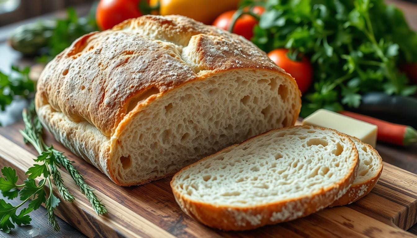 Freshly baked sourdough sandwich bread with a golden crust and soft, airy interior.