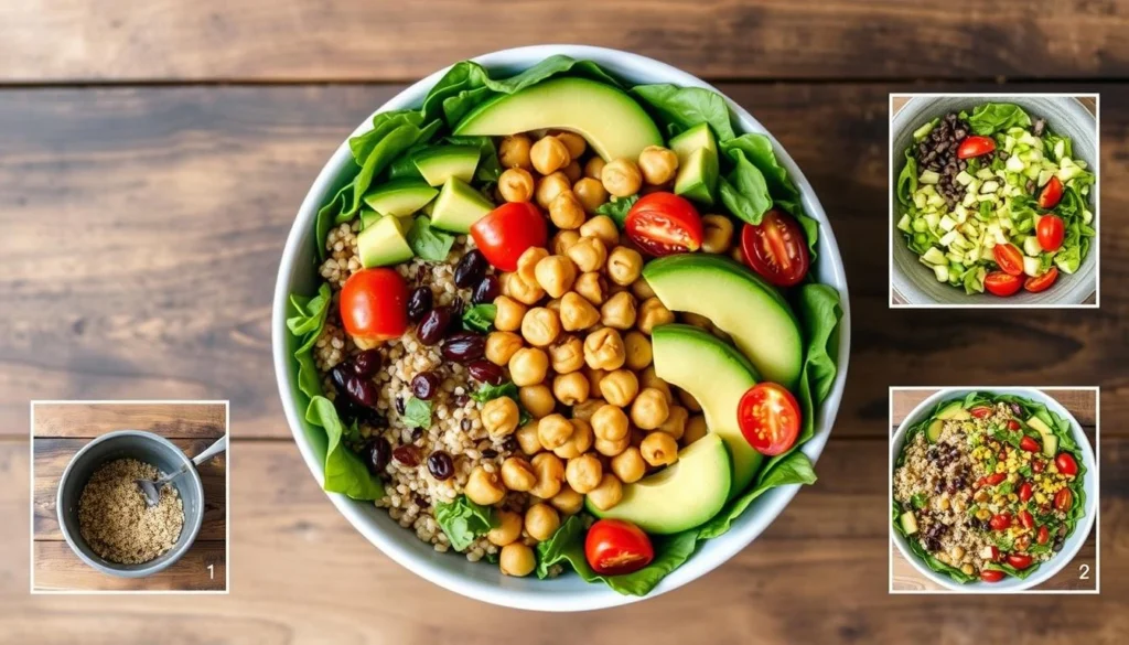 balanced meals Delicious Buddha bowl with fresh vegetables, avocado, grains, and protein.