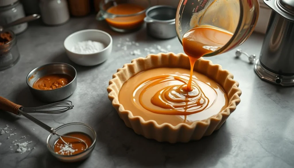 Assembling the Butterscotch Pie A creamy homemade butterscotch pie garnished with whipped cream and caramel drizzle.