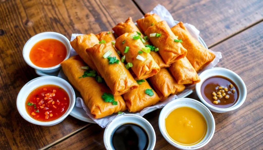 Serving egg rolls Air fryer egg rolls served crispy and golden with a side of sauce.