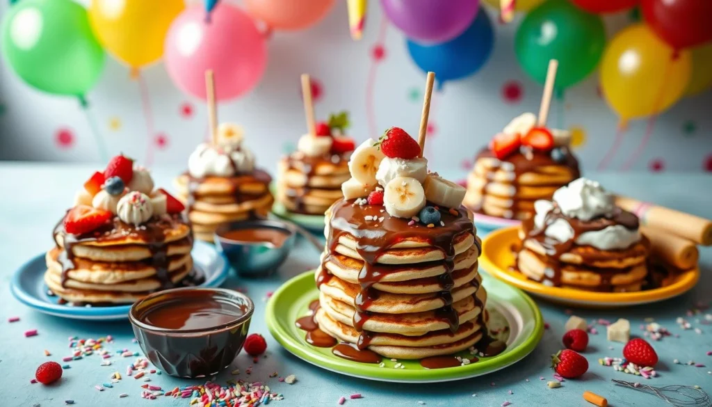 pancake party ideas Fluffy mini pancakes drizzled with Nutella and garnished with sliced strawberries and powdered sugar.