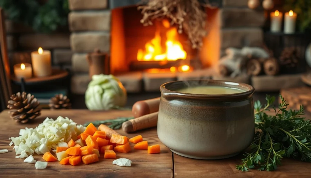 Winter Comfort Food A bowl of homemade cabbage soup with carrots, celery, and herbs