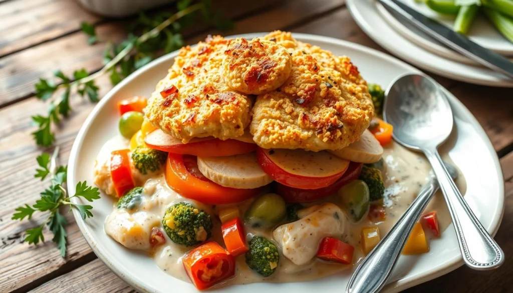 Customized Chicken Casserole Homemade chicken casserole with creamy sauce, baked to golden perfection in a ceramic dish.