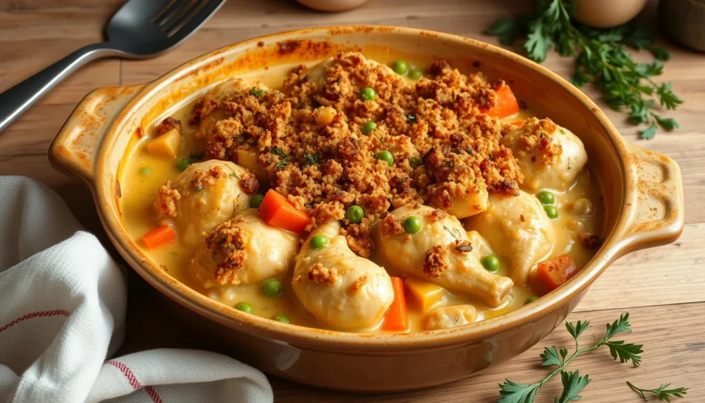 Chicken Casserole Freshly baked chicken casserole with a crispy golden crust and tender filling, served hot.