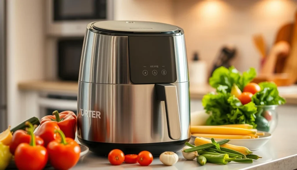air fryer Modern air fryer appliance on a kitchen countertop with fresh ingredients.