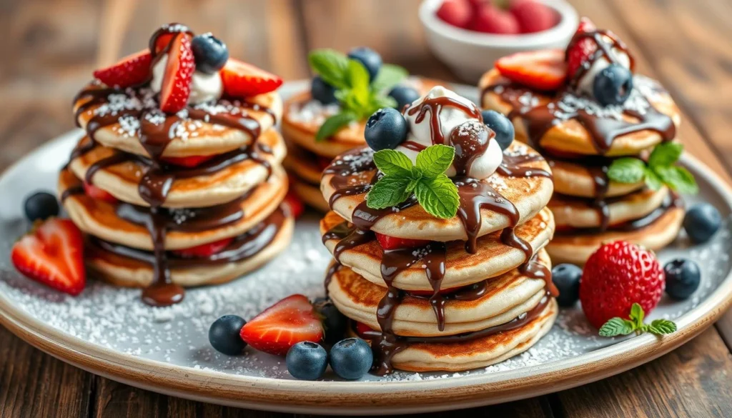 pancake toppings Golden mini pancakes topped with rich Nutella, fresh berries, and a dusting of powdered sugar on a white plate.