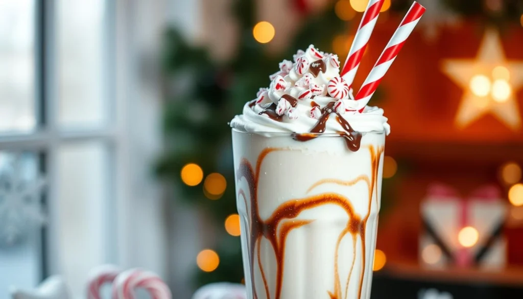 Peppermint Milkshake Chocolate peppermint desserts topped with crushed candy canes and served on a festive holiday plate.