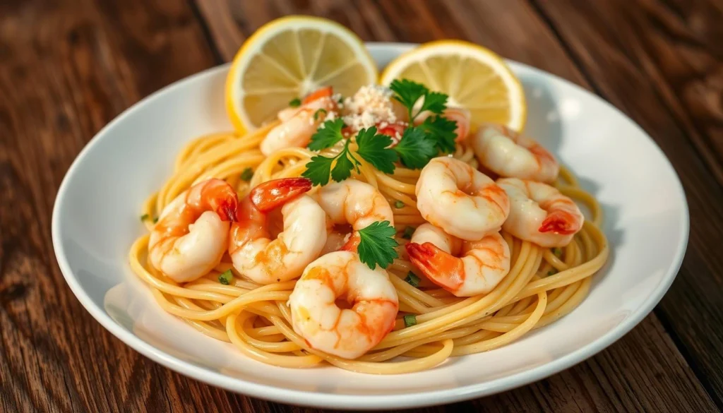 Shrimp Scampi with Pasta Shrimp scampi in a garlic-butter sauce served with pasta and lemon wedges.