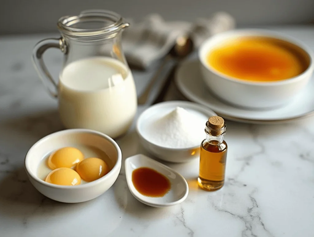 Easy Crème Brûlée Recipe with Just 5 Ingredients 2 Five essential ingredients for crème brûlée: heavy cream, egg yolks, sugar, vanilla extract, and salt, neatly arranged on a kitchen countertop.