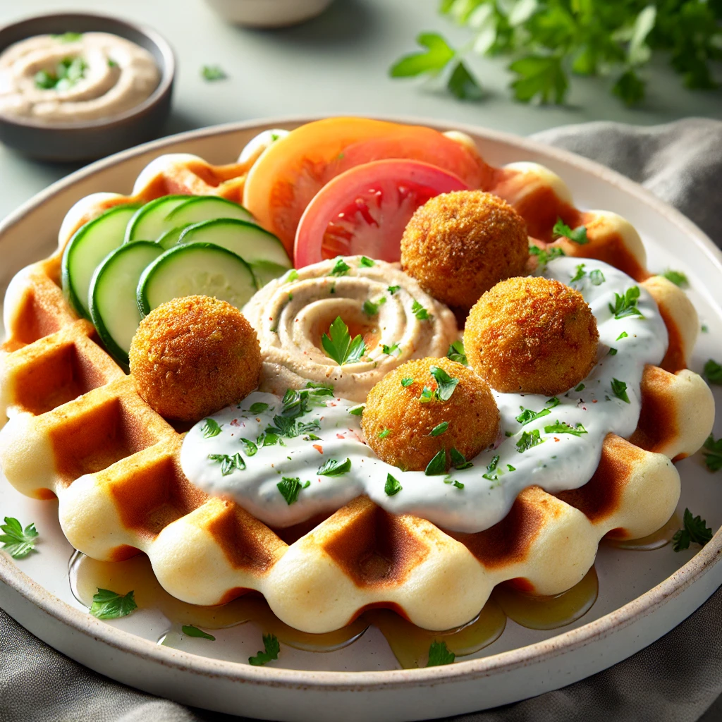 Bubble Waffle Fun: Creative Ways to Enjoy This Trendy Treat 4 Mediterranean-style bubble waffle topped with hummus, falafel, and a drizzle of tzatziki sauce.