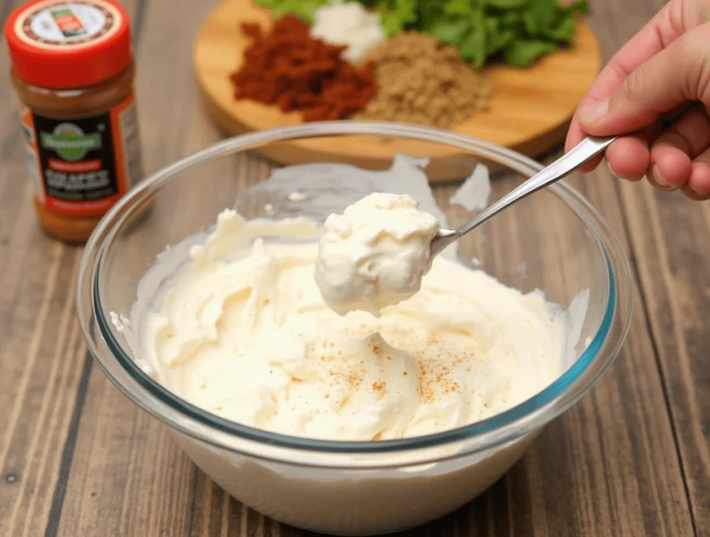 Quick and Easy Layered Taco Dip Recipe for Busy Days 4 Adding sour cream mixed with taco seasoning on top of refried beans in a layered taco dip.