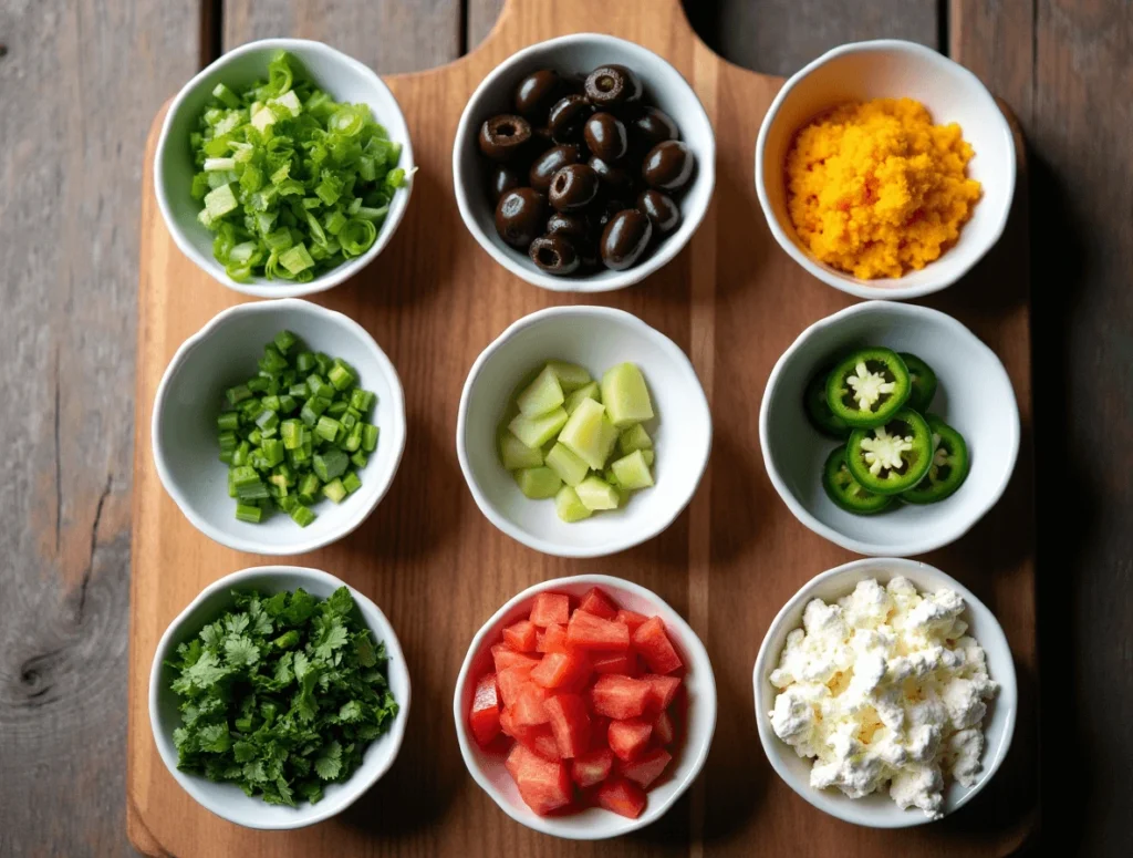 The Best 3-Ingredient Taco Dip for Busy Days and Parties 4 Taco dip topped with colorful garnishes including chopped green onions, sliced jalapeños, and fresh cilantro, creating a vibrant and appetizing appetizer