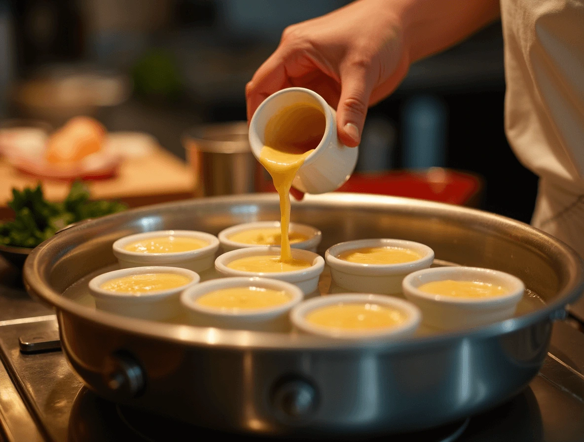Crab Brule: 5 Easy Steps to Make This Gourmet Delight 4 Pouring custard mixture into ramekins and gently baking for Crab Brule.