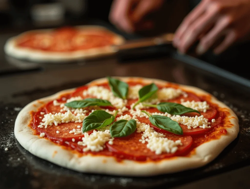 How to Make the Best Blackstone Pizza: A Simple Guide 4 Assembling a Blackstone pizza with dough, sauce, cheese, and toppings.