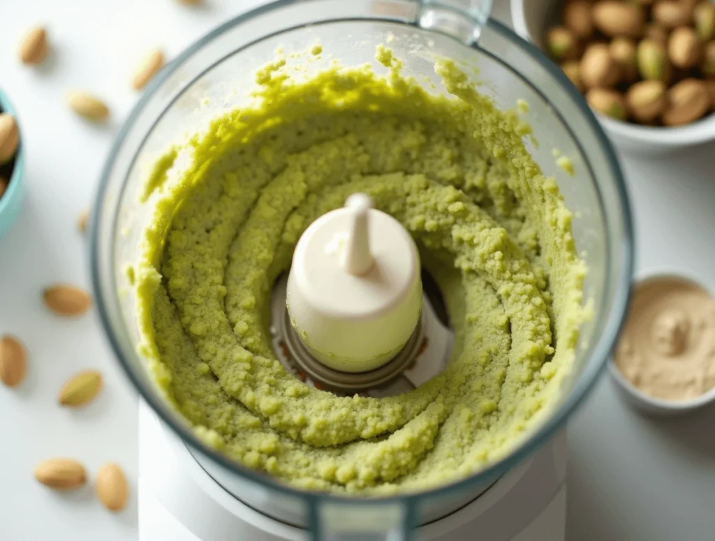 Why Pistachio Cream Is the Perfect Spread for Every Occasion 4 Blending toasted pistachios into a smooth paste for pistachio cream.