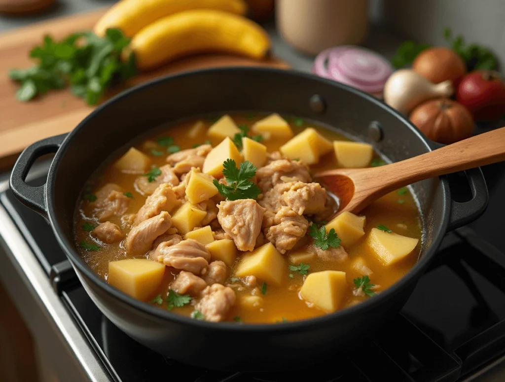 Why Caldo de Pollo Colombiano Is the Ultimate Comfort Food 4 Simmering Caldo de Pollo Colombiano in a pot with chicken, vegetables like yucca, potatoes, and plantains, cooking to perfection.