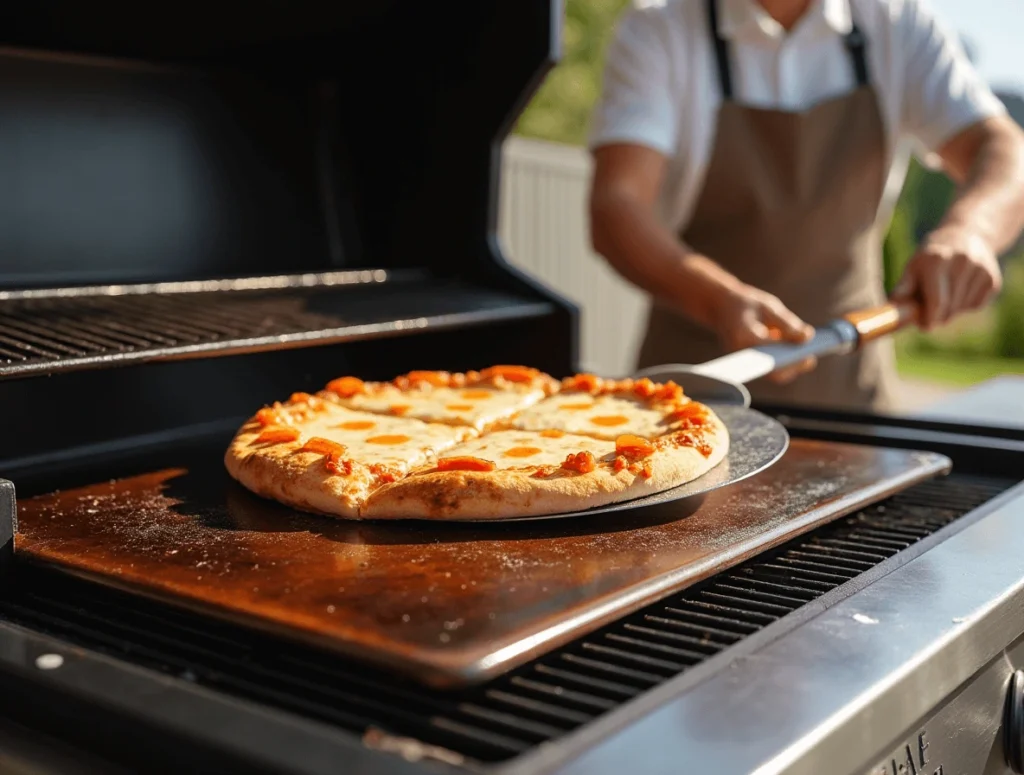 How to Make the Best Blackstone Pizza: A Simple Guide 5 "Flipping a Blackstone pizza on the griddle using a pizza peel for a crispy crust.