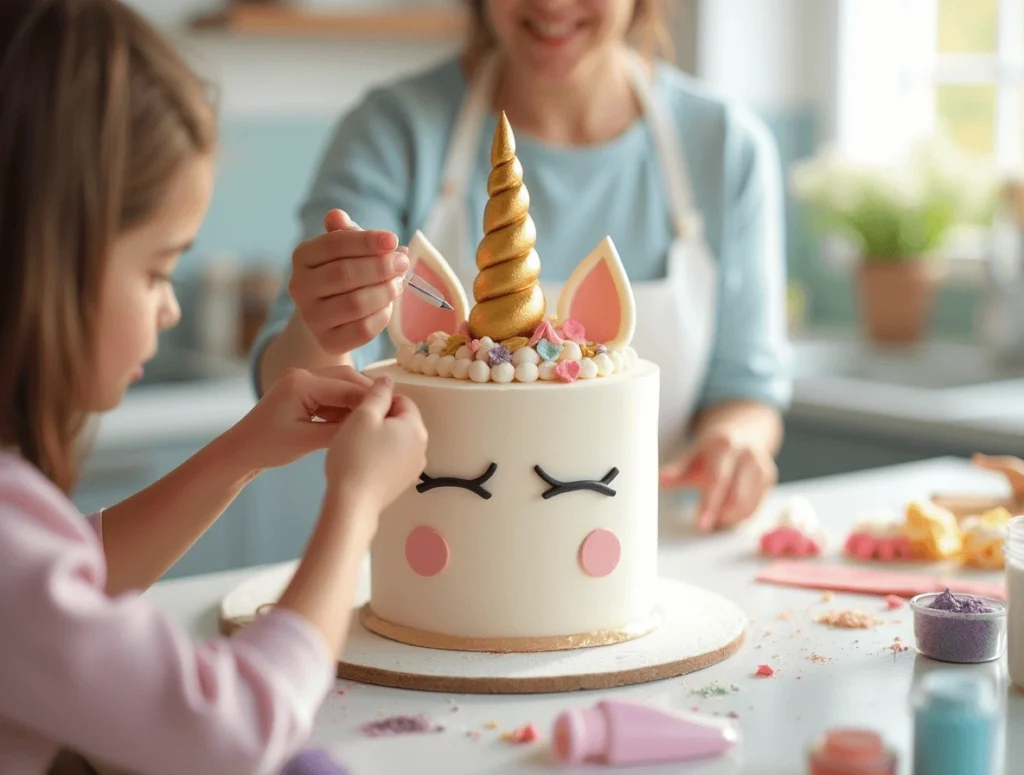 The Best Unicorn Cake Recipe to Delight Kids and Adults Alike 5 Adding a golden unicorn horn, fondant ears, and buttercream features to decorate the unicorn cake.