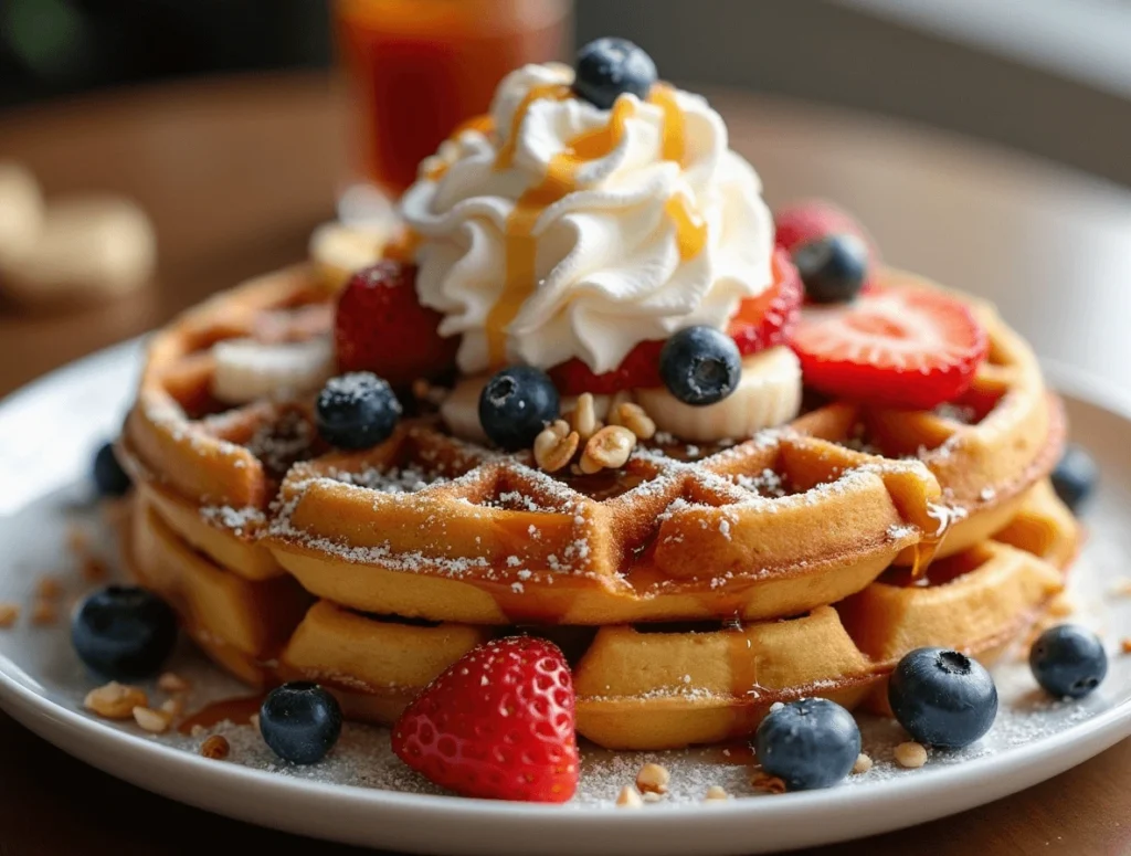 Frozen Waffles Made Gourmet: Easy Hacks for a Delicious Meal 2 Plate of sweet frozen waffles topped with fresh fruit, whipped cream, and syrup