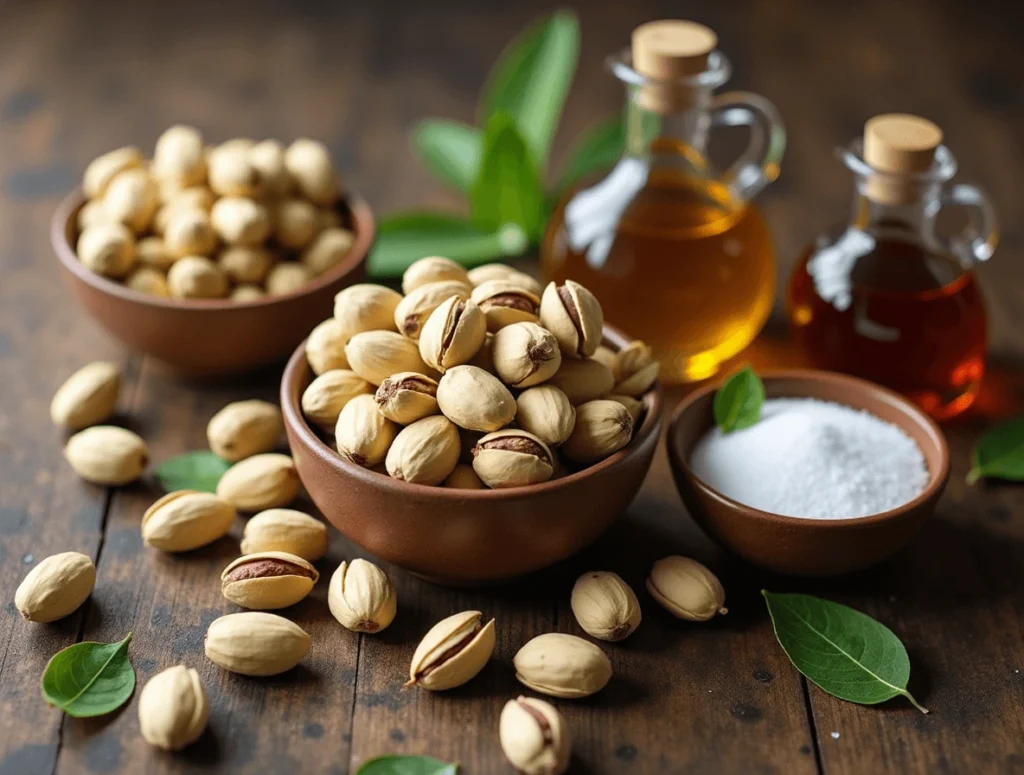 Why Pistachio Cream Is the Perfect Spread for Every Occasion 2 Essential ingredients for making pistachio cream, including pistachios, sweeteners, and oils.