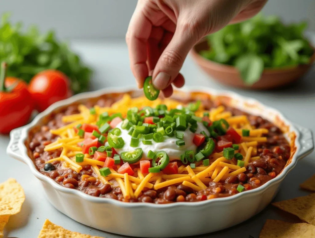 Quick and Easy Layered Taco Dip Recipe for Busy Days 6 Finishing layered taco dip with optional toppings like diced tomatoes, green onions, and jalapeños.