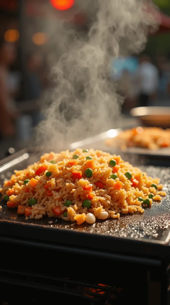 Top 10 Must-Try Blackstone Recipes for Your Next Cookout 7 A plate of delicious Hibachi Fried Rice with vegetables and crispy texture, cooked on a Blackstone griddle.