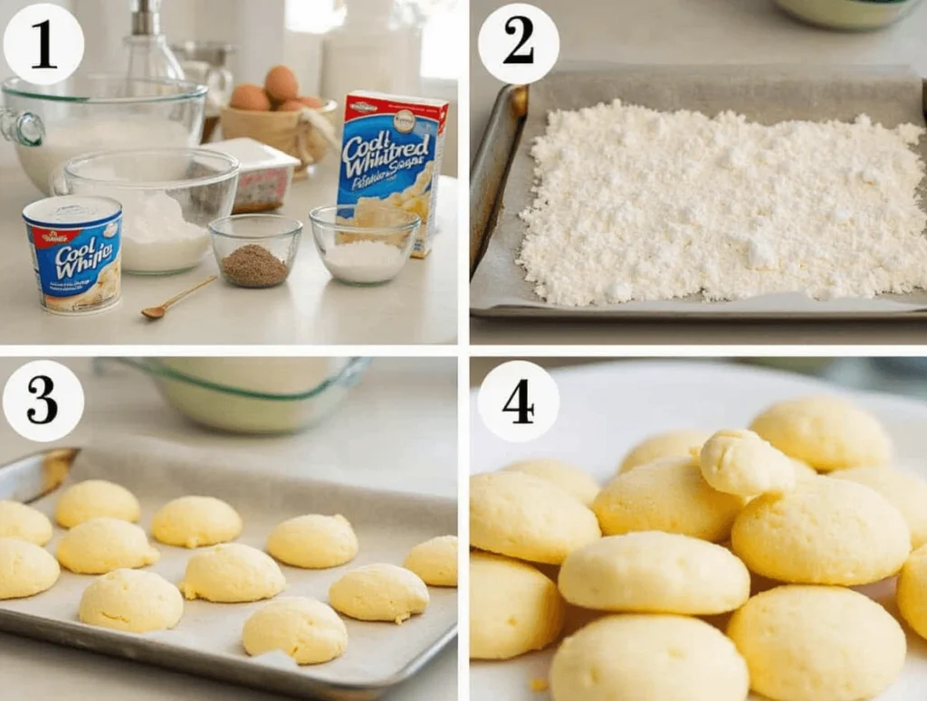 Cool Whip Cookies: The Ultimate Guide to This Quick Dessert 3 Step-by-step process of making Cool Whip Cookies with dough and powdered sugar coating.