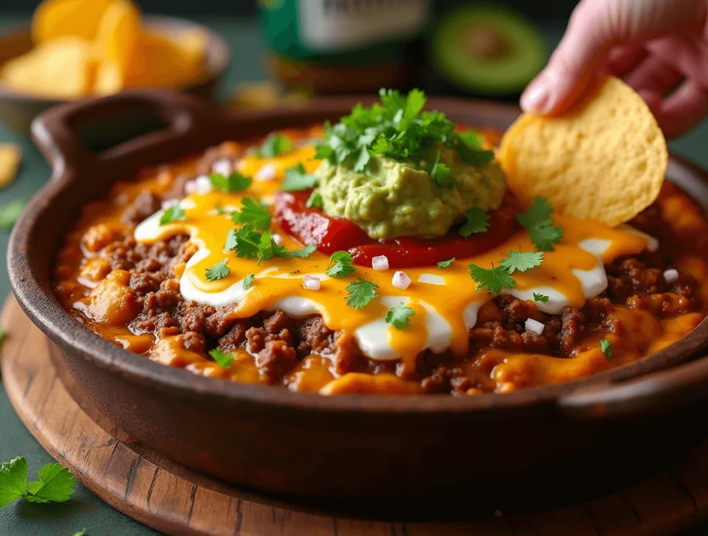 Quick and Easy Taco Dip with Ground Beef for Game Day 3 Step-by-step process of making taco dip with ground beef: cooking ground beef, layering ingredients, and adding toppings.