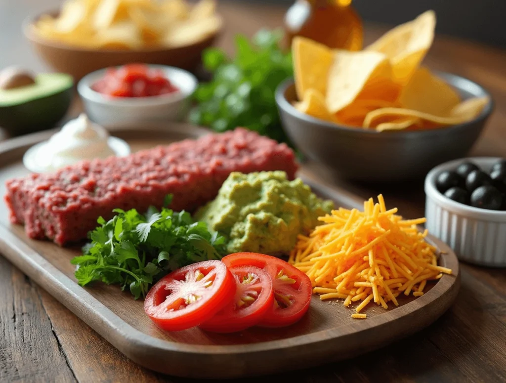 Quick and Easy Taco Dip with Ground Beef for Game Day 2 Ingredients for taco dip with ground beef: ground beef, taco seasoning, cheddar cheese, sour cream, salsa, and guacamole.