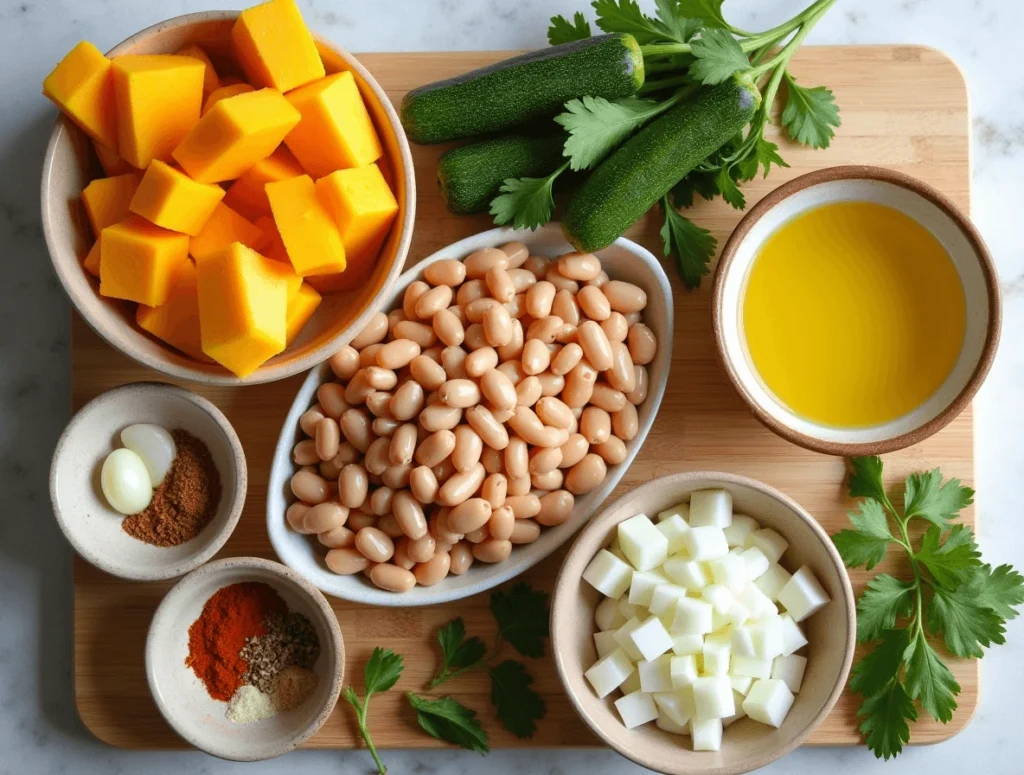 Healthy and Tasty Squash and Kidney Beans Recipe You’ll Love 3 Ingredients for a squash and kidney beans recipe, including fresh squash, kidney beans, onions, garlic, olive oil, and spices arranged on a wooden surface.