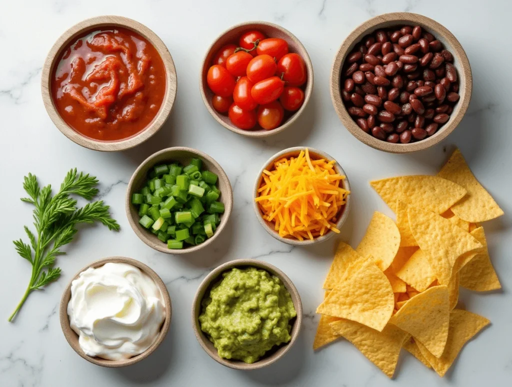 Quick and Easy Layered Taco Dip Recipe for Busy Days 2 Ingredients for layered taco dip including refried beans, sour cream, guacamole, salsa, shredded cheese, diced tomatoes, and green onions.