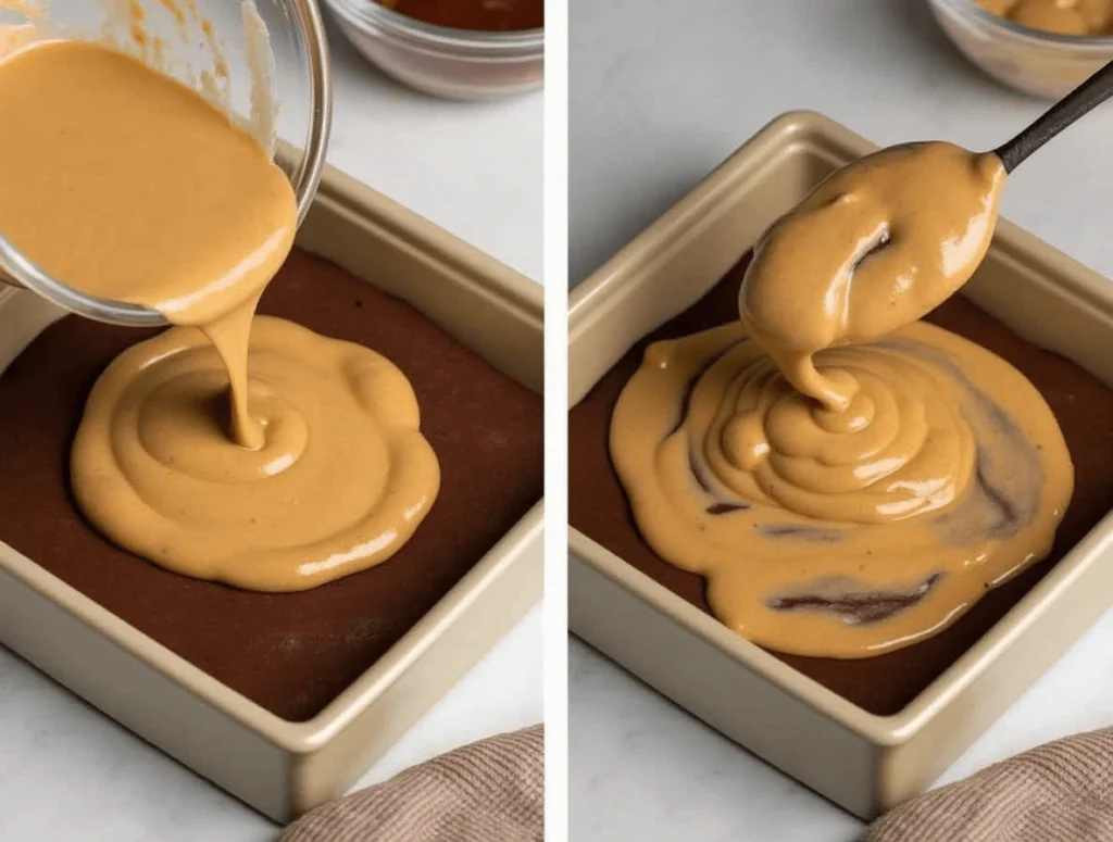 Cheesecake Brownies Made Easy: Tips and Tricks for Success 5 A baking pan with brownie batter and cheesecake topping layered and swirled together, ready to go into the oven.