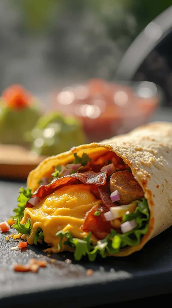 Top 10 Must-Try Blackstone Recipes for Your Next Cookout 3 Loaded breakfast burritos filled with scrambled eggs, bacon, cheese, and vegetables wrapped in a soft tortilla.