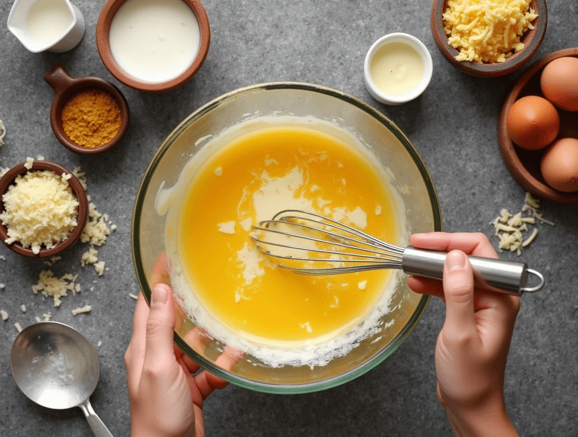 Crab Brule: 5 Easy Steps to Make This Gourmet Delight 3 Mixing egg yolks, heavy cream, and cheese to create the custard base for Crab Brule.