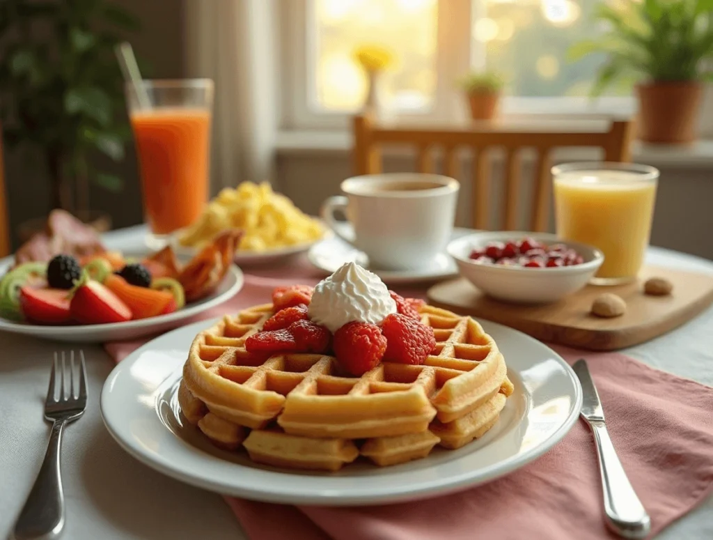 Frozen Waffles Made Gourmet: Easy Hacks for a Delicious Meal 5 Plate of frozen waffles with fruit, bacon, scrambled eggs, coffee, and smoothie