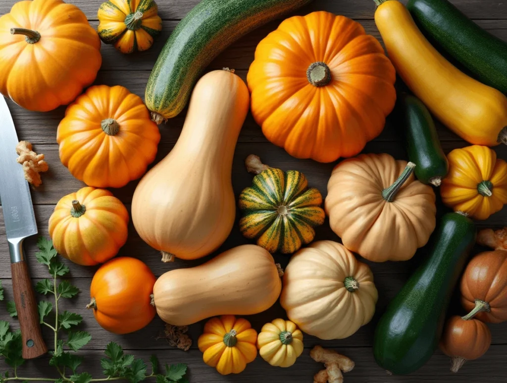 Healthy and Tasty Squash and Kidney Beans Recipe You’ll Love 2 An assortment of popular squash varieties, including butternut, acorn, and zucchini, displayed on a wooden table.