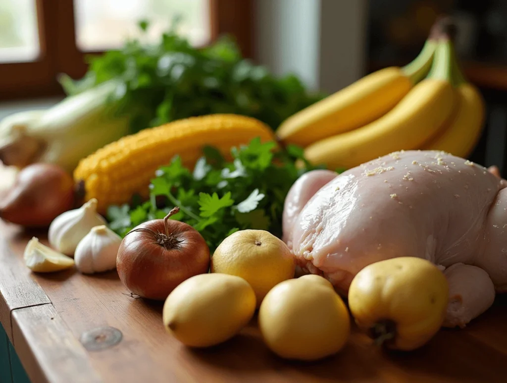 Why Caldo de Pollo Colombiano Is the Ultimate Comfort Food 3 Preparation of Caldo de Pollo Colombiano with chopped vegetables like potatoes, yucca, and plantains alongside seasoned chicken ready for cooking.