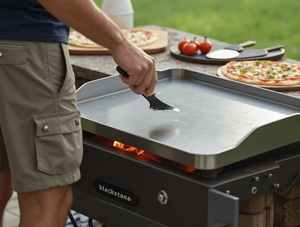 How to Make the Best Blackstone Pizza: A Simple Guide 3 Preparing the Blackstone griddle for cooking pizza, showing the griddle preheated and ready for use.