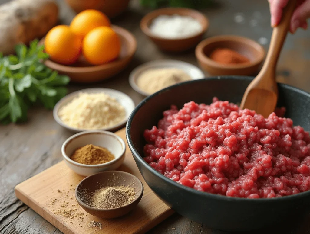 Smoked Meatloaf Recipe Made Simple: Perfect for Any Grill 3 Preparing the meatloaf mixture with ground meat, breadcrumbs, eggs, and seasonings in a mixing bowl.