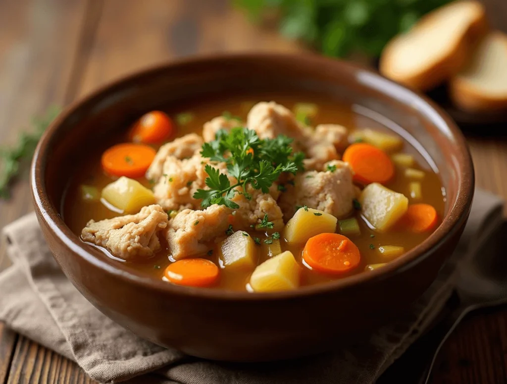 10 Creative Leftover Rotisserie Chicken Recipes You’ll Love 3 A warm bowl of rotisserie chicken soup with shredded chicken, fresh vegetables, and a sprinkle of herbs, served with a slice of bread on the side.