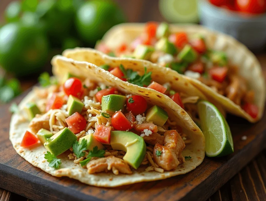10 Creative Leftover Rotisserie Chicken Recipes You’ll Love 4 Rotisserie chicken tacos topped with fresh lettuce, tomatoes, shredded cheese, and a drizzle of creamy sauce, served with lime wedges on a rustic wooden table.