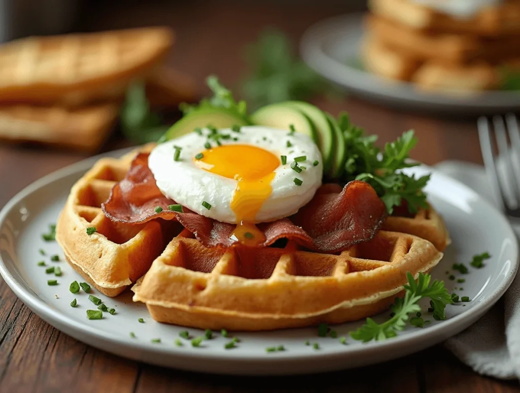 Frozen Waffles Made Gourmet: Easy Hacks for a Delicious Meal 3 Savory frozen waffles topped with eggs, avocado, and bacon for a gourmet breakfast.
