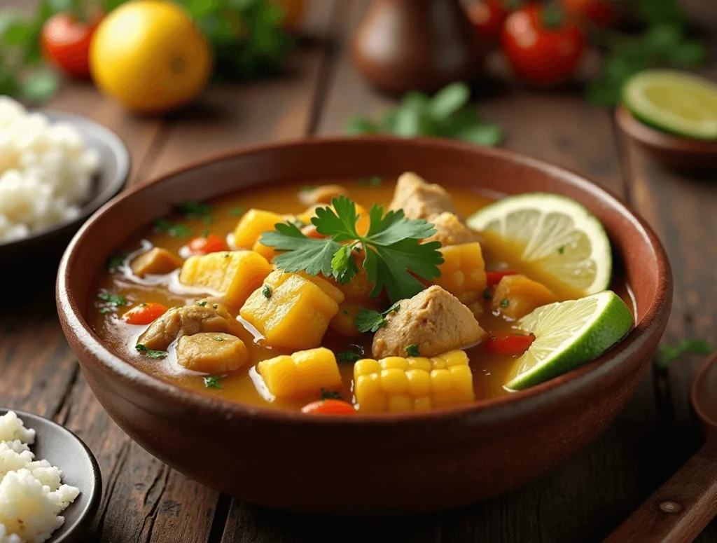 Why Caldo de Pollo Colombiano Is the Ultimate Comfort Food 5 Caldo de Pollo Colombiano served in a bowl with rice, avocado, and cilantro garnish for a complete, traditional meal.