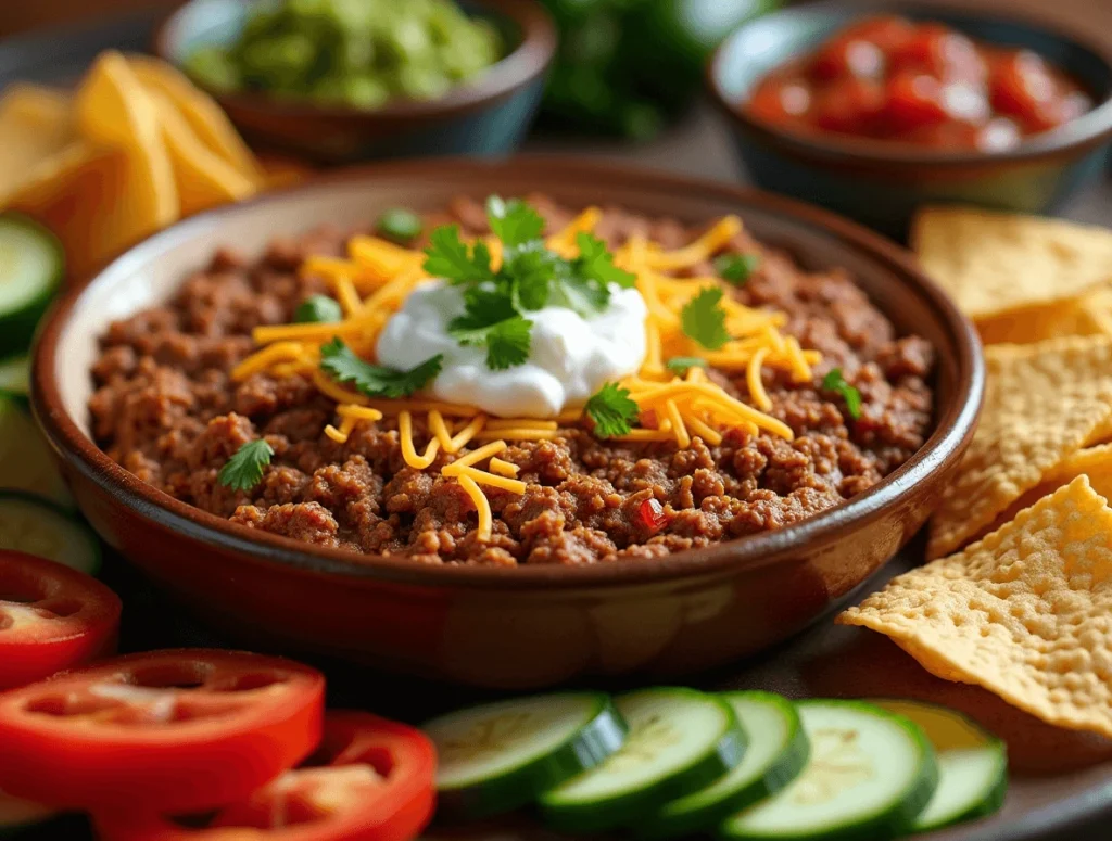 Quick and Easy Taco Dip with Ground Beef for Game Day 4 Taco dip with ground beef served with tortilla chips, fresh veggies, and bowls of salsa and guacamole.
