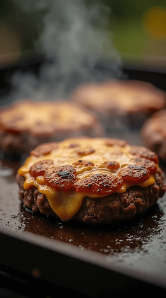 Top 10 Must-Try Blackstone Recipes for Your Next Cookout 5 Juicy smash burgers cooking on a griddle, with melted cheese and crispy edges.