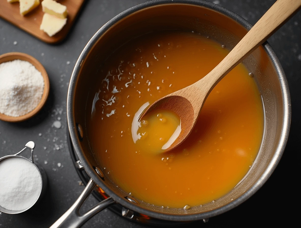 Easy Flan Recipe: How to Make This Silky Smooth Treat at Home 3 Melted sugar and water creating a golden caramel layer for flan.