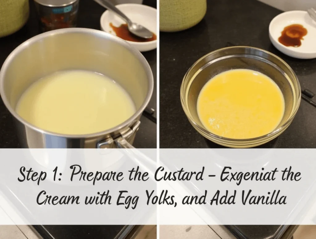 Easy Crème Brûlée Recipe with Just 5 Ingredients 3 Heating heavy cream in a saucepan and whisking it into a mixture of egg yolks, sugar, and vanilla to prepare the crème brûlée custard.