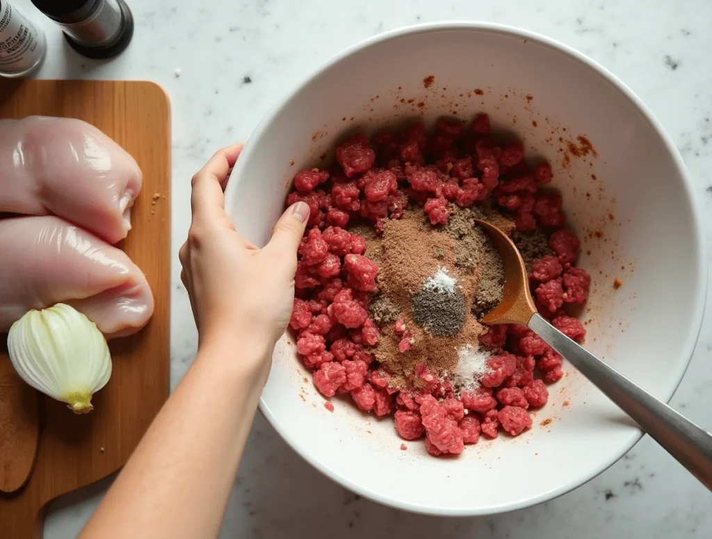 How to Make a Delicious Burger Bowl: The Ultimate Guide 3 Cooking ground beef for burger bowl, seasoned and sizzling in a skillet.