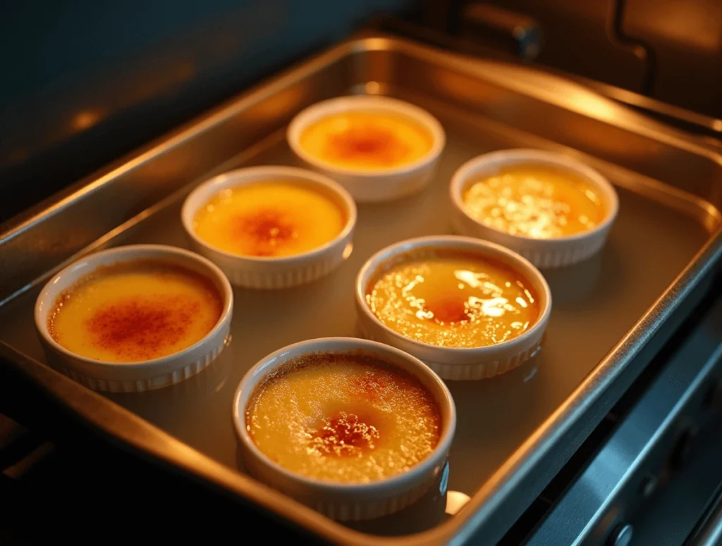 Easy Crème Brûlée Recipe with Just 5 Ingredients 4 Crème brûlée ramekins placed in a baking dish filled with hot water, ensuring even cooking for a smooth and creamy texture.